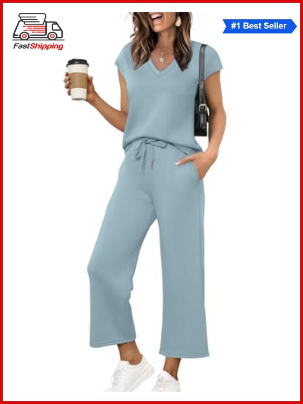✨Saloogoe Two Piece Set V Neck Top Wide Leg Pants Lounge Travel